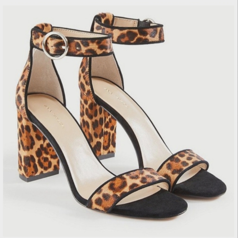 Ann Taylor Leannette Leopard Print Haircalf Block Heel Sandals Size 5.5